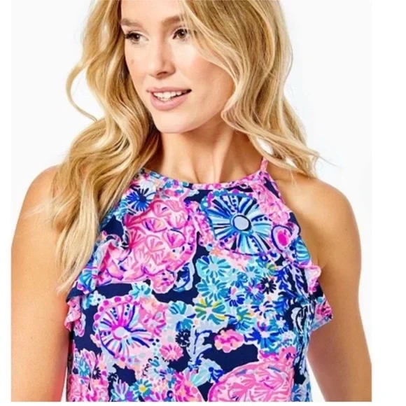 Lilly Pulitzer Billie high tide turtle print Halter Neck tank Top Large Ruffle - Picture 2 of 10